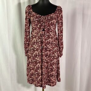 NWT Gilli Burgundy & Pink Floral Print Ruched Square Neck Smocked Mini Dress